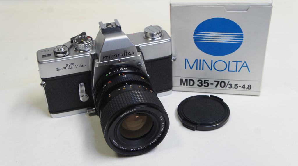 Minolta SRT 101b fényképezőgép sz.: 4478355, Minolta MD Zoom 3,5-4,8/35-70mm objektív sz.: 54802425